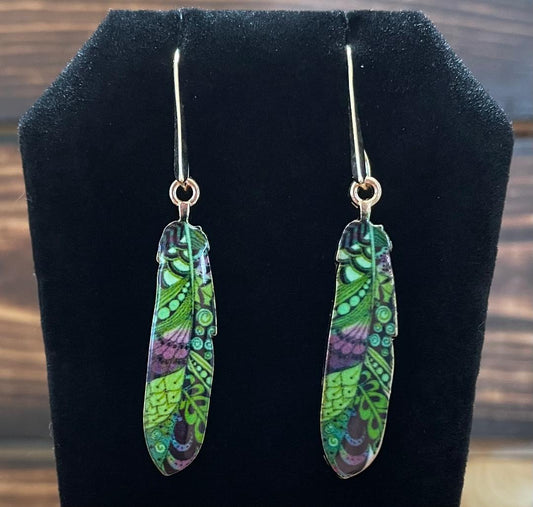 NEW Boho Chic Enamel Alloy Green Hippie Feather Earrings