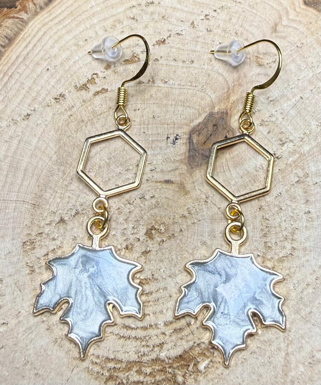 NEW Gray Enamel Front Maple Leaf Earrings w/ Geometric Charms