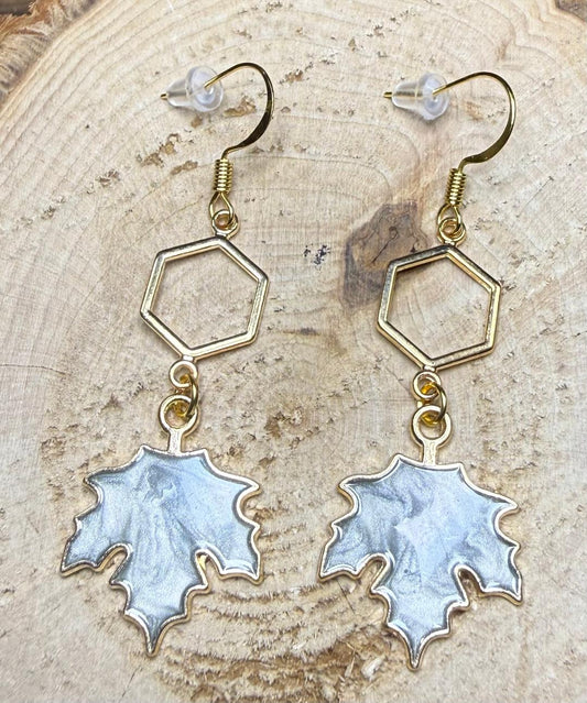 NEW Gray Enamel Front Maple Leaf Earrings w/ Geometric Charms