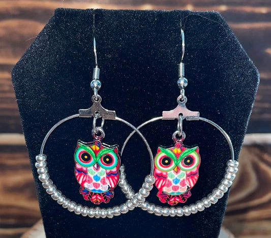 NEW Boho Vivid Enamel Owl Charm Hoop & Beads Earrings