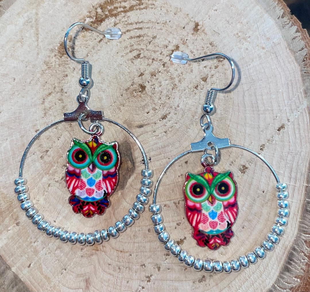 NEW Boho Vivid Enamel Owl Charm Hoop & Beads Earrings