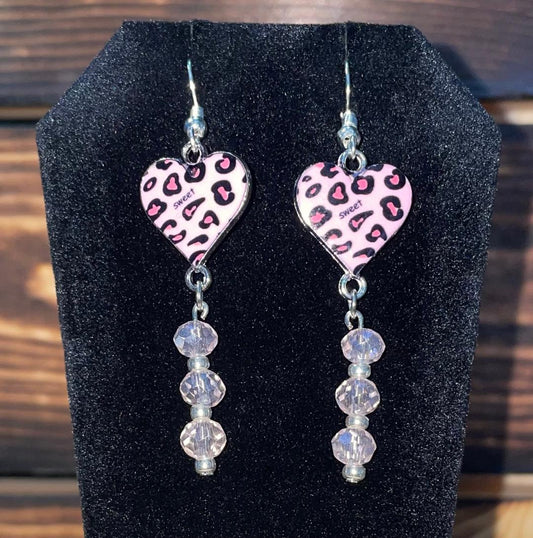NEW Pink Leopard Enamel Heart w/ Pastel Pink Beads Dangle Drop Earrings