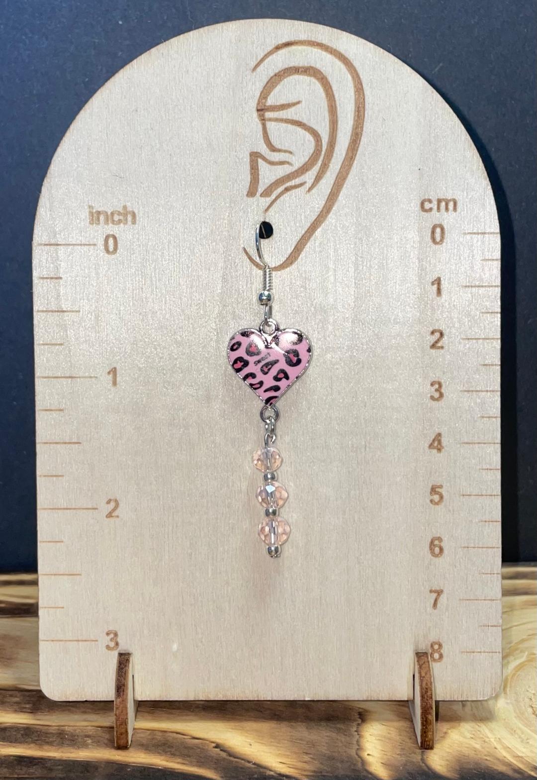 NEW Pink Leopard Enamel Heart w/ Pastel Pink Beads Dangle Drop Earrings