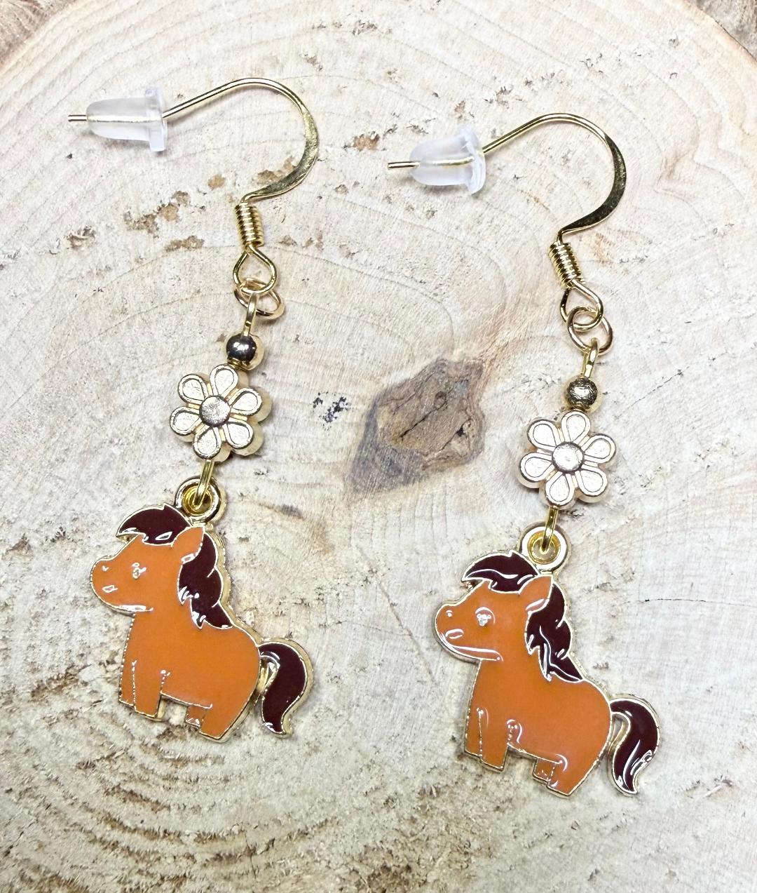 NEW Sweet Enamel Pony Charm Earrings w/ Flower Beads