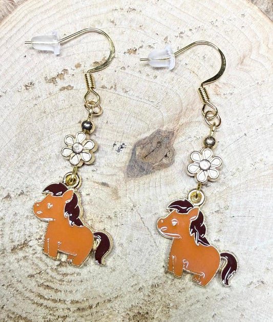 NEW Sweet Enamel Pony Charm Earrings w/ Flower Beads
