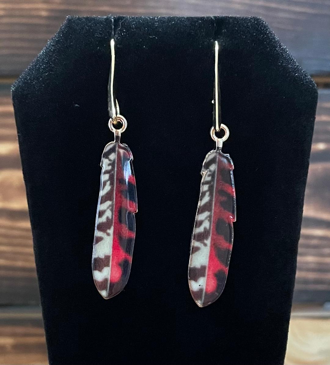NEW Boho Chic Enamel Alloy Red Black Feather Earrings