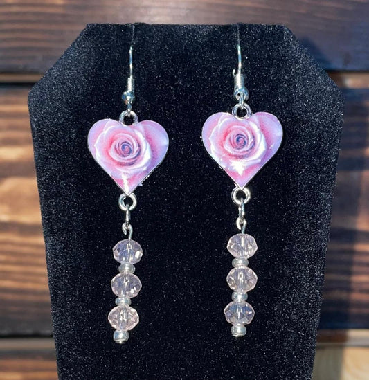 NEW Pink Rose Enamel Heart w/ Pastel Pink Beads Dangle Drop Earrings