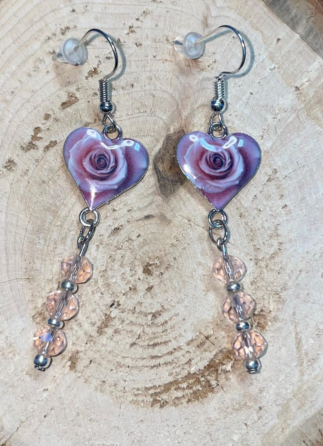 NEW Pink Rose Enamel Heart w/ Pastel Pink Beads Dangle Drop Earrings