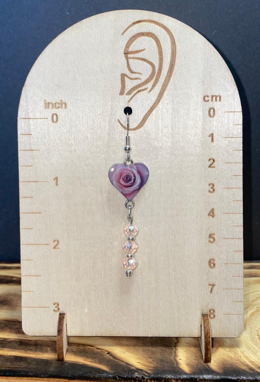 NEW Pink Rose Enamel Heart w/ Pastel Pink Beads Dangle Drop Earrings