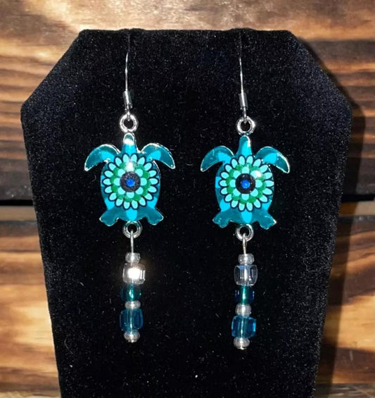 NEW Handmade Boho Hippie Teal Blue Sea Turtle Charm & Beaded Dangle Earrings