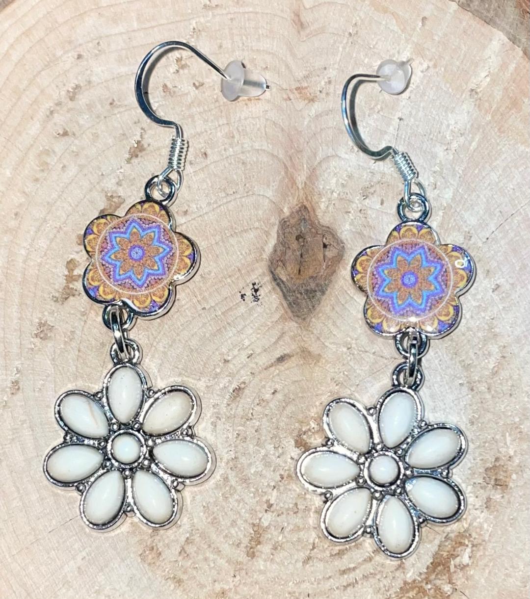 NEW Enamel White Flower w/ Boho Mandala Earrings