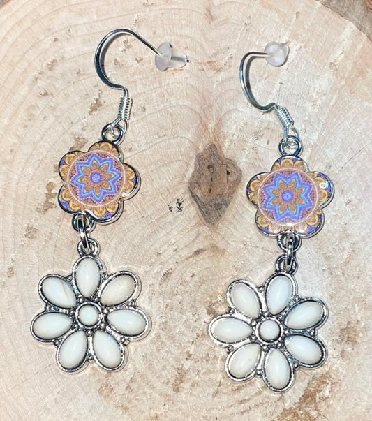 NEW Enamel White Flower w/ Boho Mandala Earrings