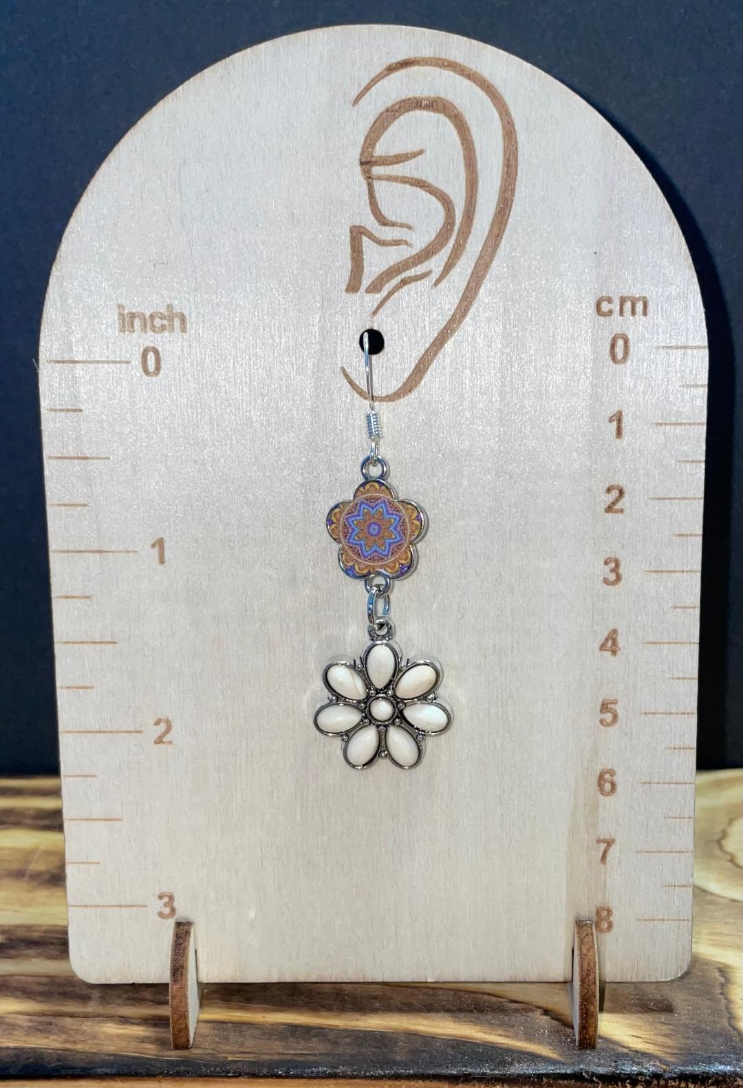 NEW Enamel White Flower w/ Boho Mandala Earrings