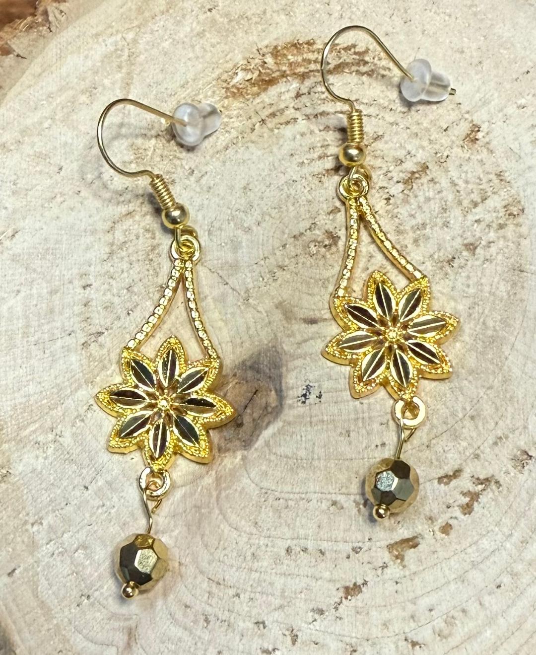 NEW Gold Flower Dangle Earrings w/ Faceted Gold Beads