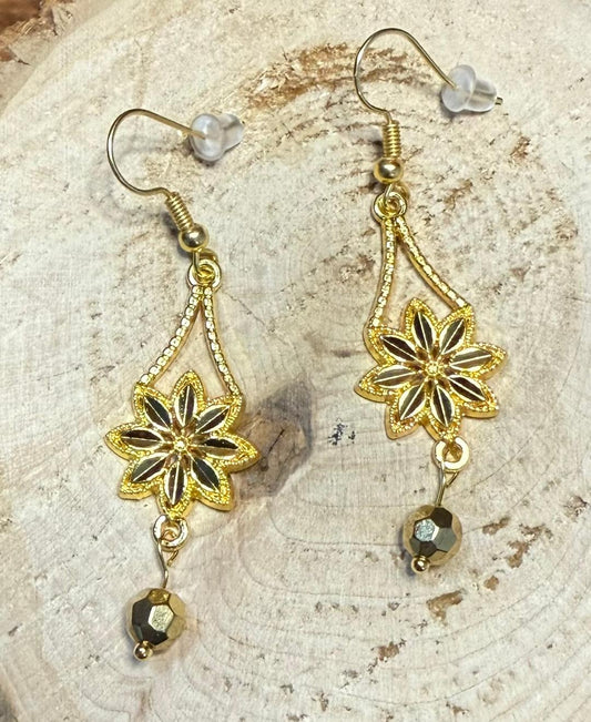NEW Gold Flower Dangle Earrings w/ Faceted Gold Beads