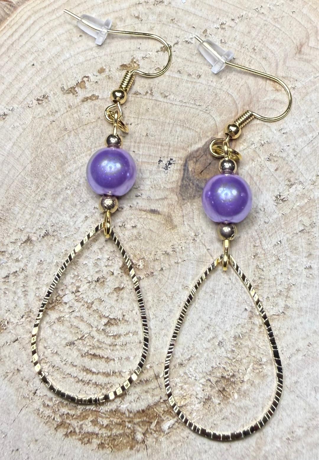 NEW Etched Gold Stainless Steel Teardrop Earrings w/ Plated Purple Glass Beads