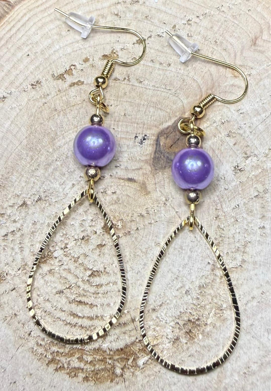 NEW Etched Gold Stainless Steel Teardrop Earrings w/ Plated Purple Glass Beads