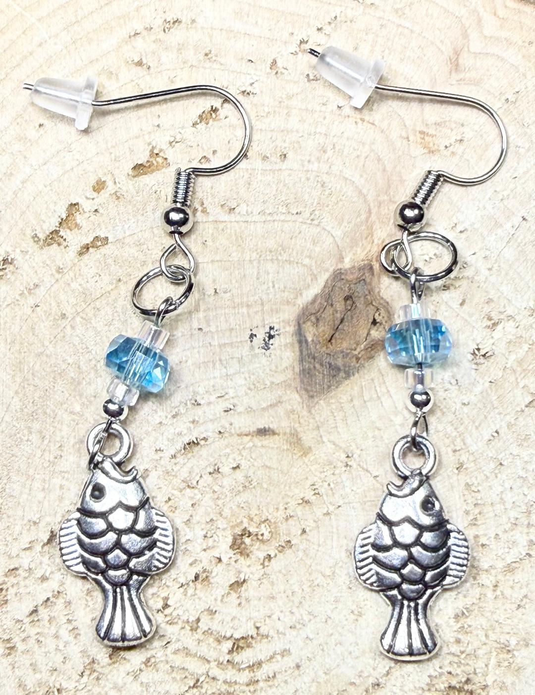 NEW Etched Silver Alloy Fish Earrings w/ Pastel Teal Blue Beads