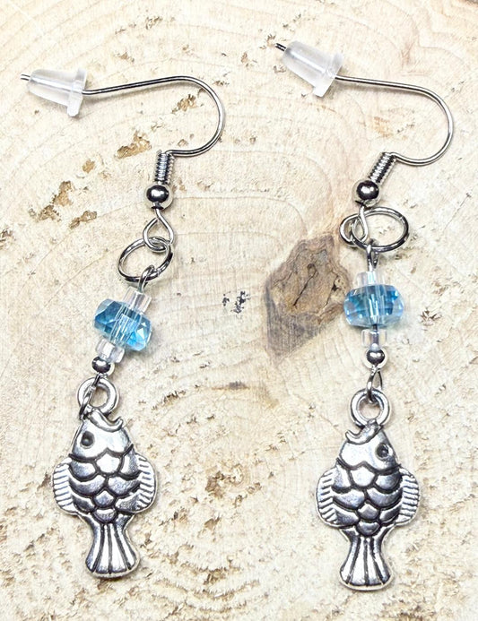 NEW Etched Silver Alloy Fish Earrings w/ Pastel Teal Blue Beads