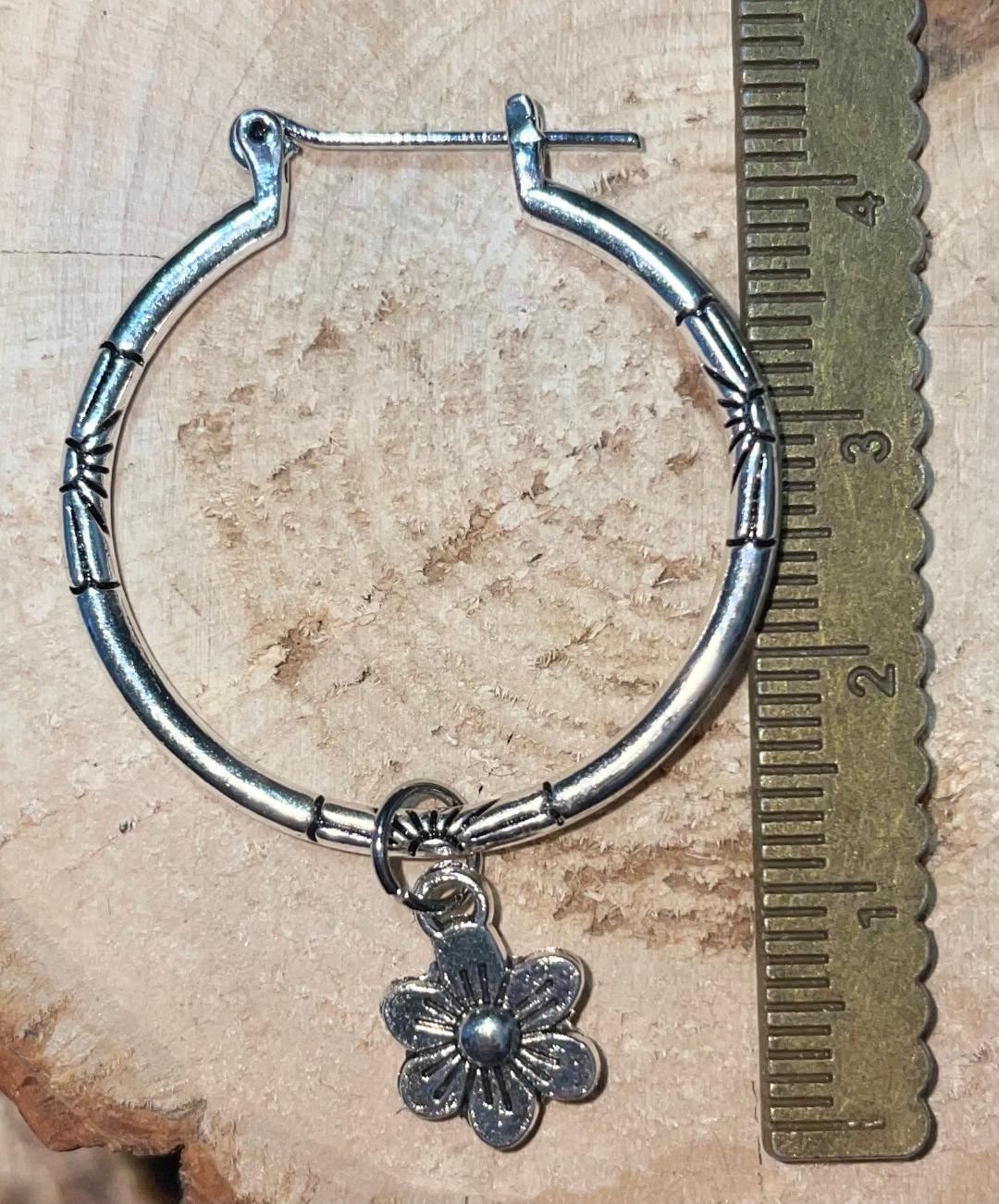 NEW Etched Silver Hoop Earrings w/ Tiny Boho Flower Charms