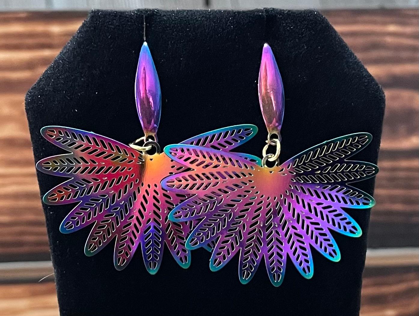 NEW Hollow Fan Leaf Stainless Steel Iridescent Earrings