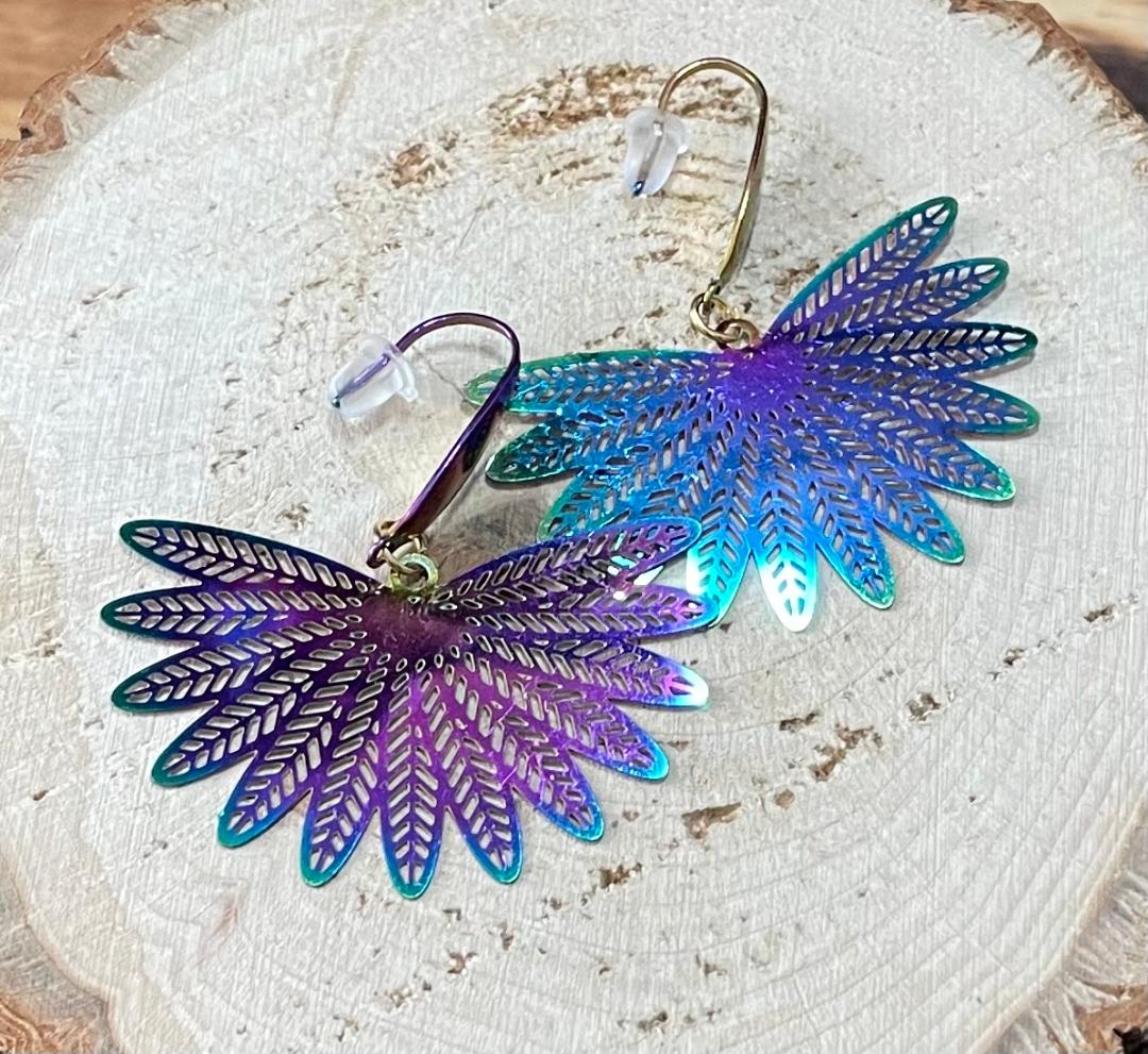 NEW Hollow Fan Leaf Stainless Steel Iridescent Earrings