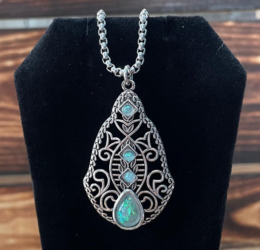 NEW Filigree Silver Tone 12" Vintage Inspired Faux Opal Necklace
