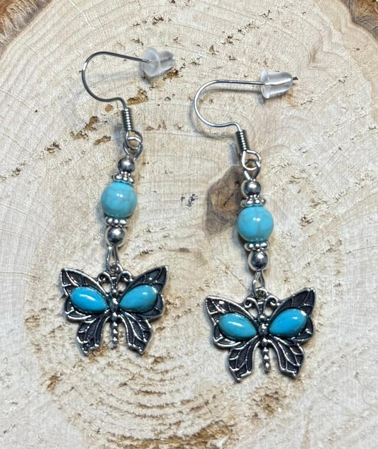 NEW Boho Chic Turquoise Green & Butterfly Charm Earrings
