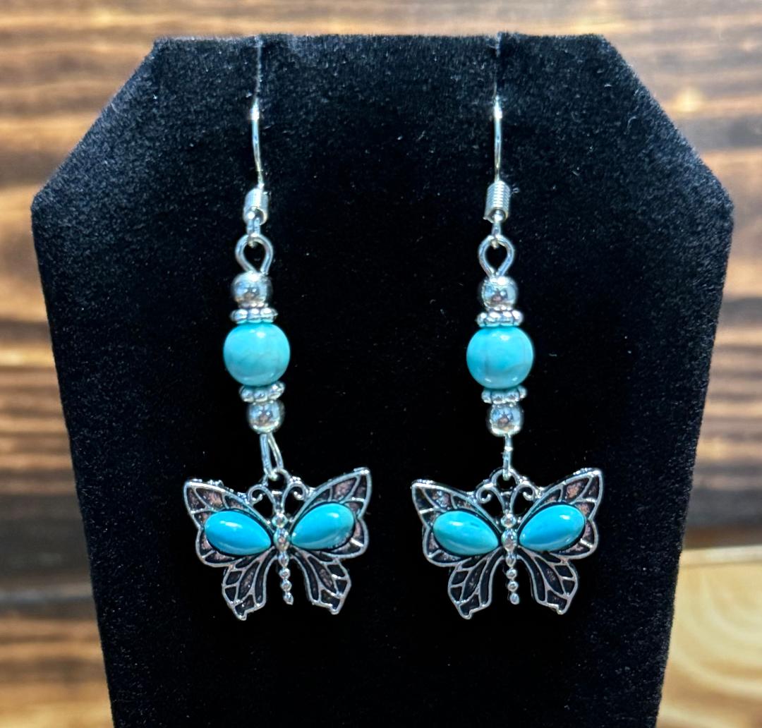 NEW Boho Chic Turquoise Green & Butterfly Charm Earrings