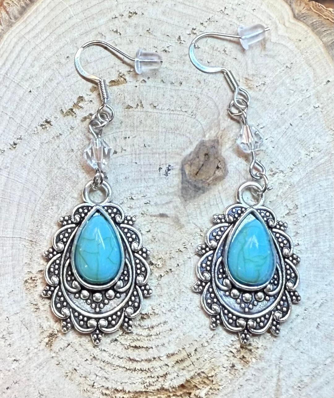 NEW Oval Faux Turquoise Filigree Earrings w/ Clear Faceted Beads