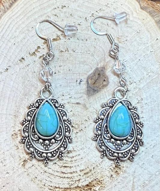 NEW Oval Faux Turquoise Filigree Earrings w/ Clear Faceted Beads