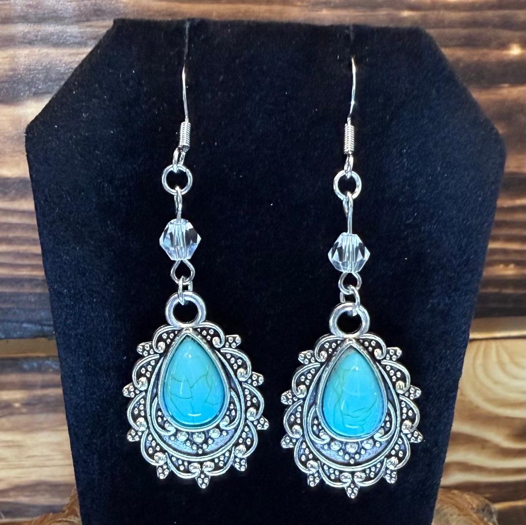 NEW Oval Faux Turquoise Filigree Earrings w/ Clear Faceted Beads