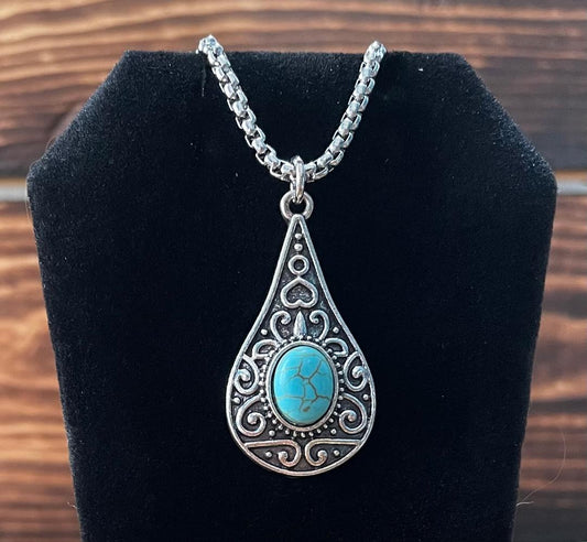 NEW Etched Egyptian Style Silver Tone Faux Turquoise 12" Necklace