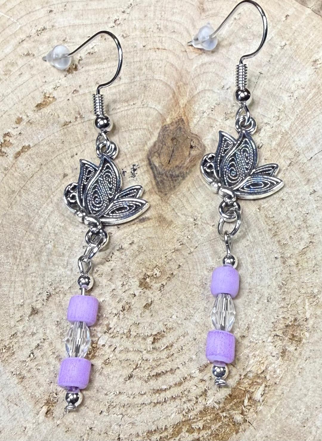 NEW Filigree Butterfly Charm Earrings w/ Dyed Glass Purple Beads