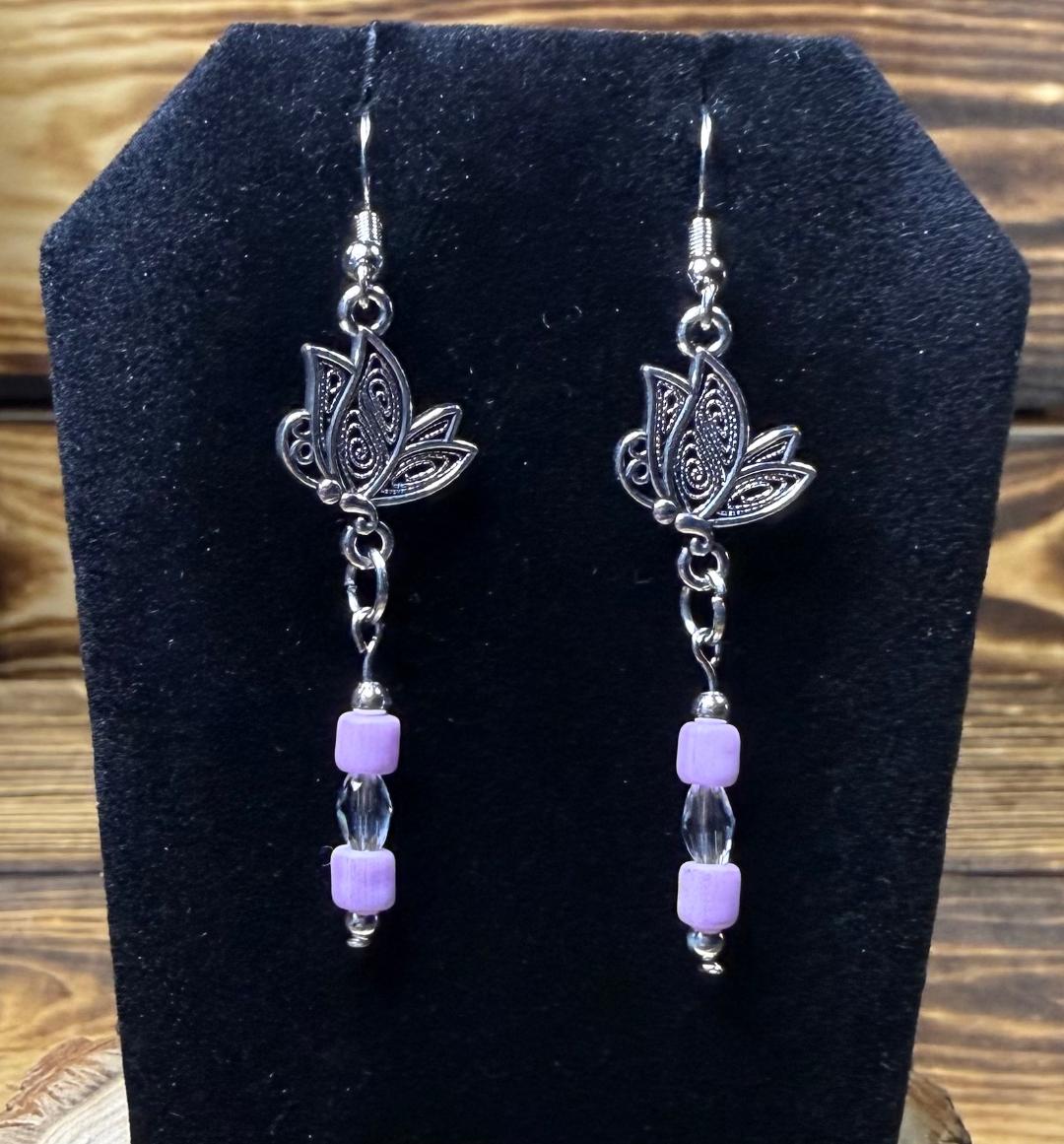 NEW Filigree Butterfly Charm Earrings w/ Dyed Glass Purple Beads
