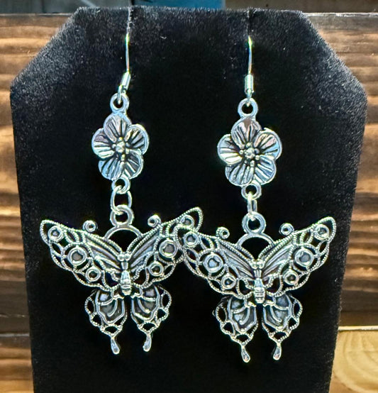 NEW Silver Tone Filigree Butterfly Charm w/ Flower Earrings