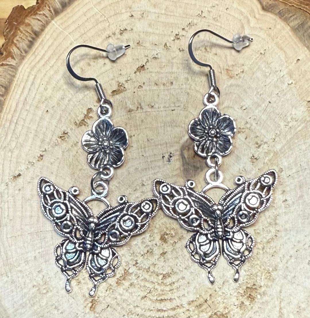 NEW Silver Tone Filigree Butterfly Charm w/ Flower Earrings