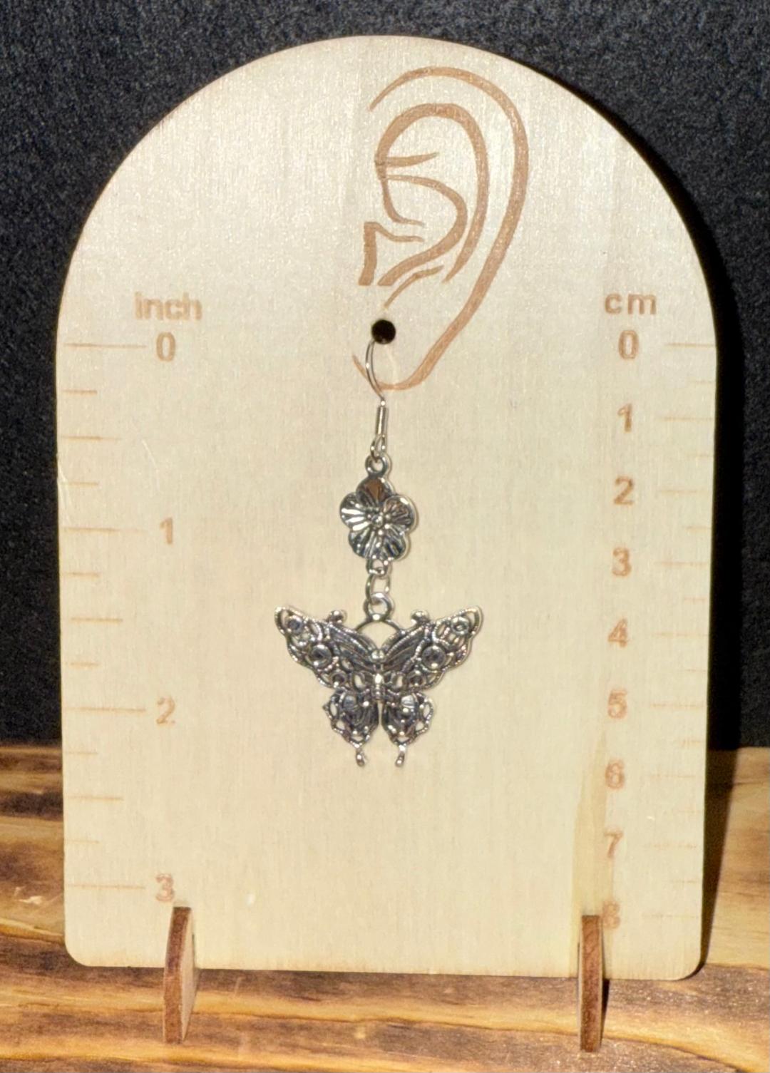 NEW Silver Tone Filigree Butterfly Charm w/ Flower Earrings