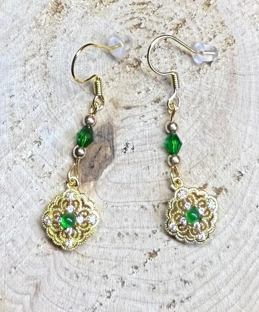 NEW Intricate Filigree Gold Charm Earrings w/ Rhinestones & Green Gems