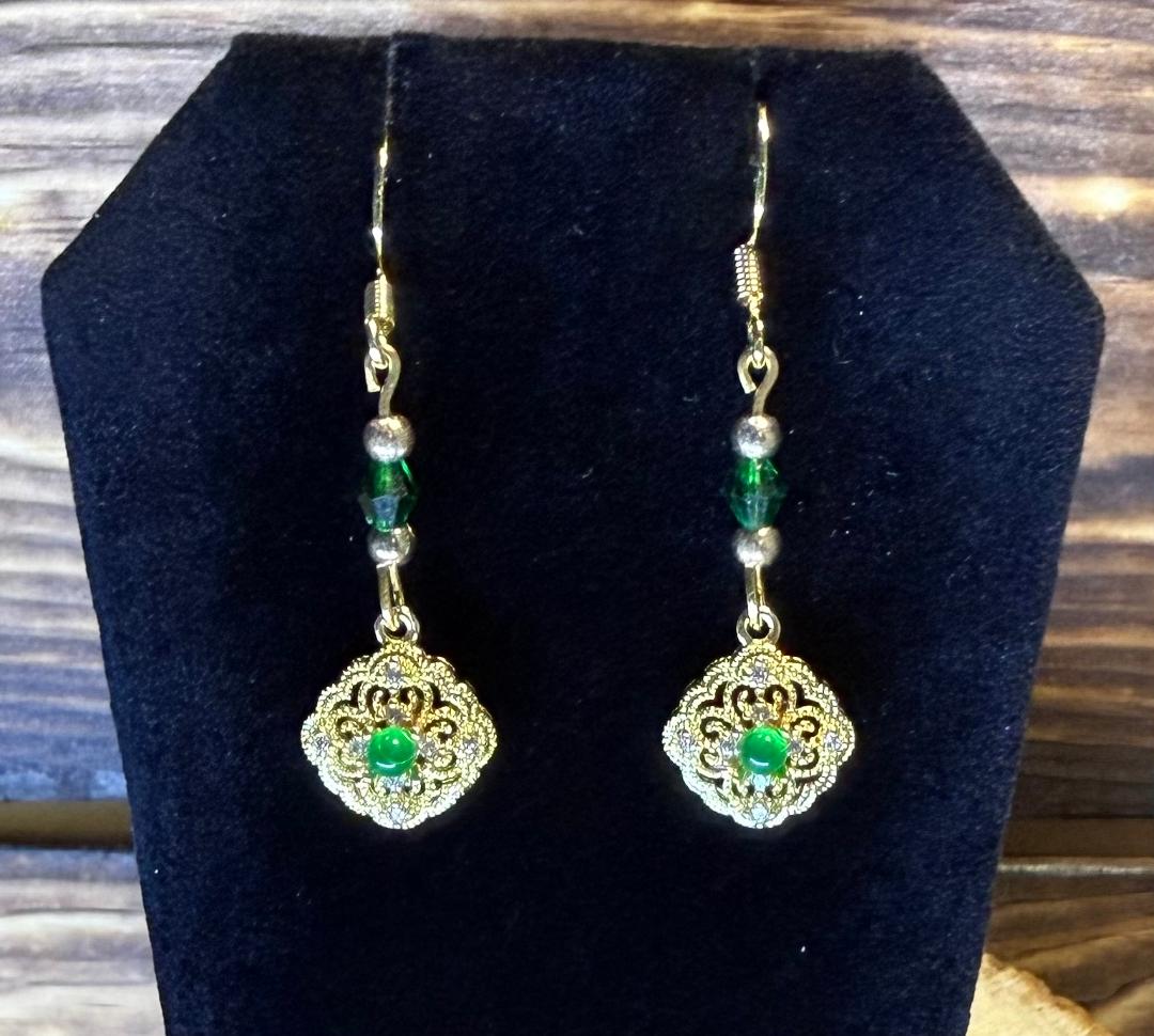 NEW Intricate Filigree Gold Charm Earrings w/ Rhinestones & Green Gems