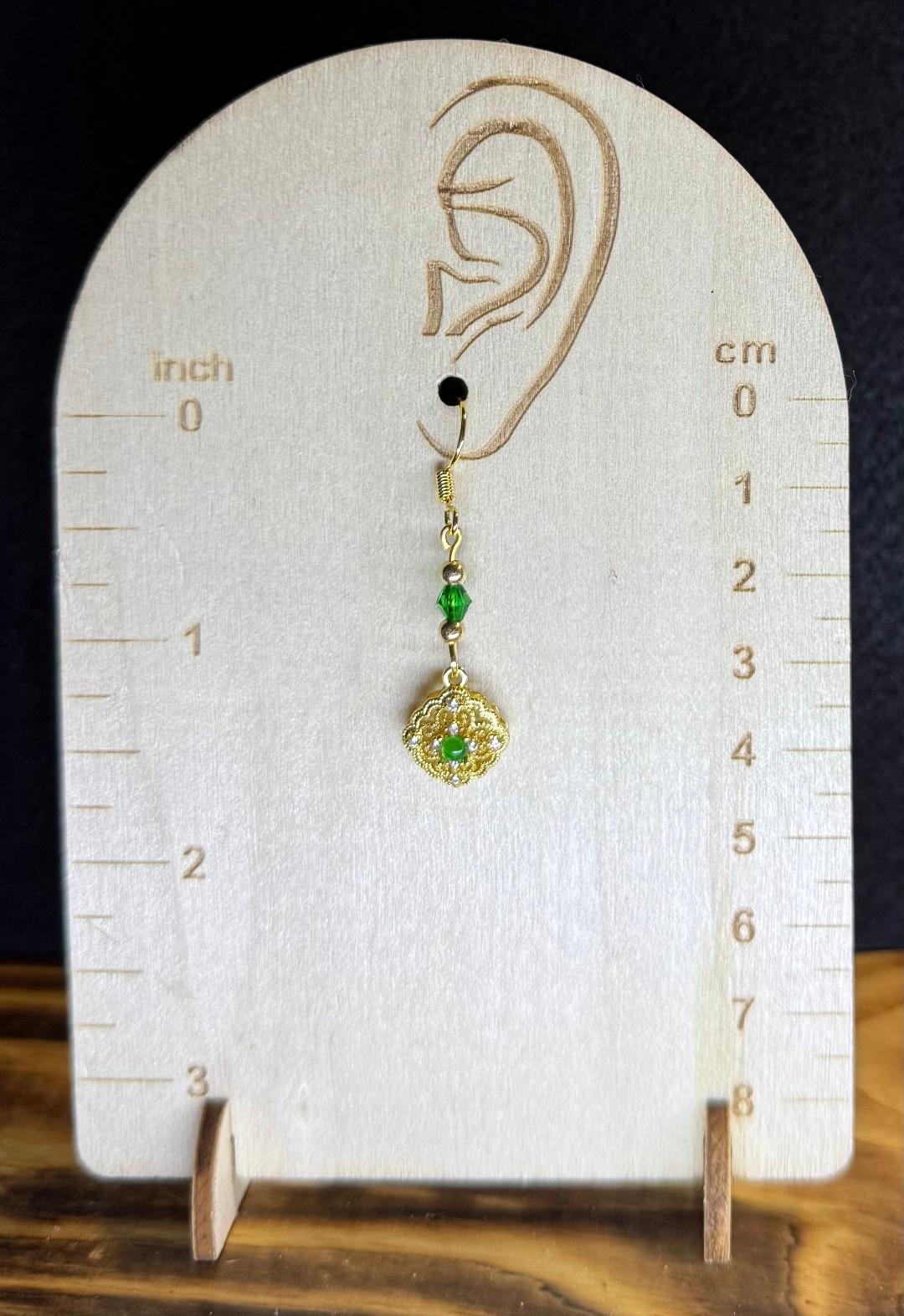 NEW Intricate Filigree Gold Charm Earrings w/ Rhinestones & Green Gems