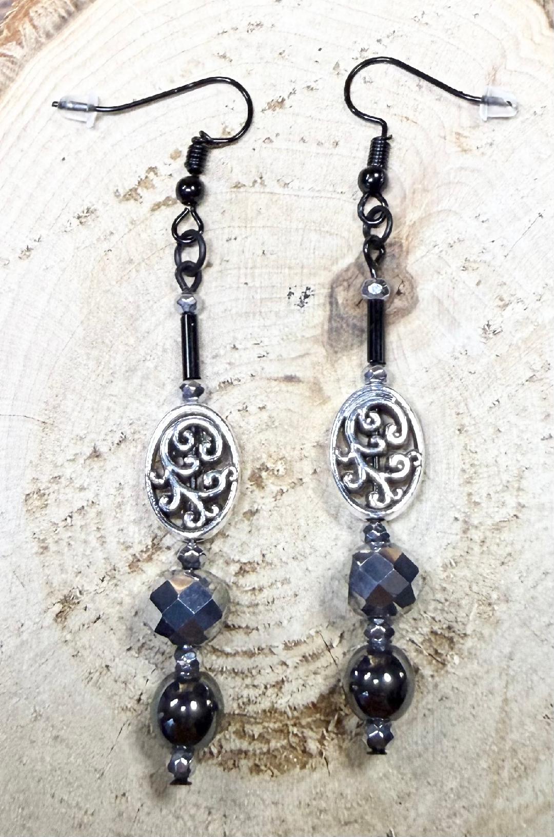 NEW Oval Filigree Charm & Silver Glass Bead Earrings