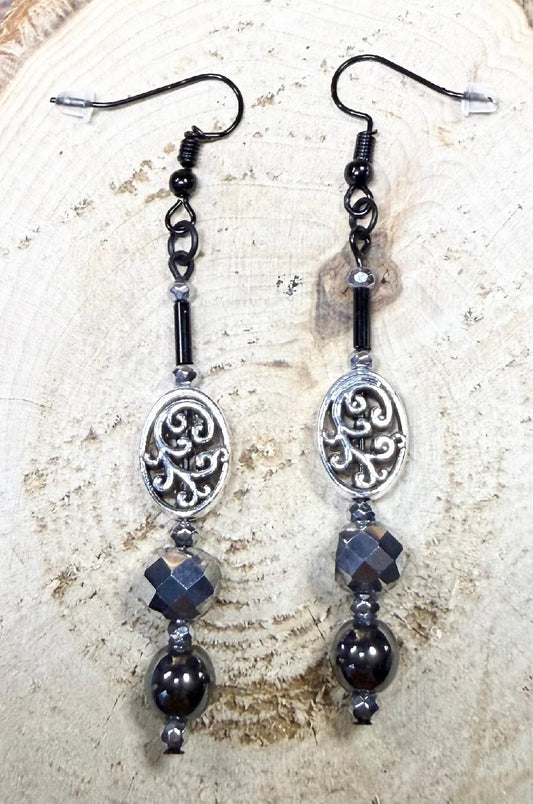 NEW Oval Filigree Charm & Silver Glass Bead Earrings