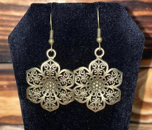 NEW Boho Bronze Filigree Flower Fancy Dangle / Drop Earrings