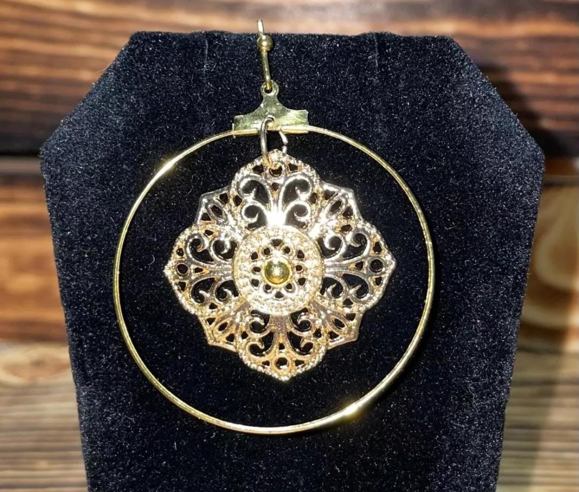NEW Gold Tone Filigree Hoop & Mandala Dangle Drop Earrings