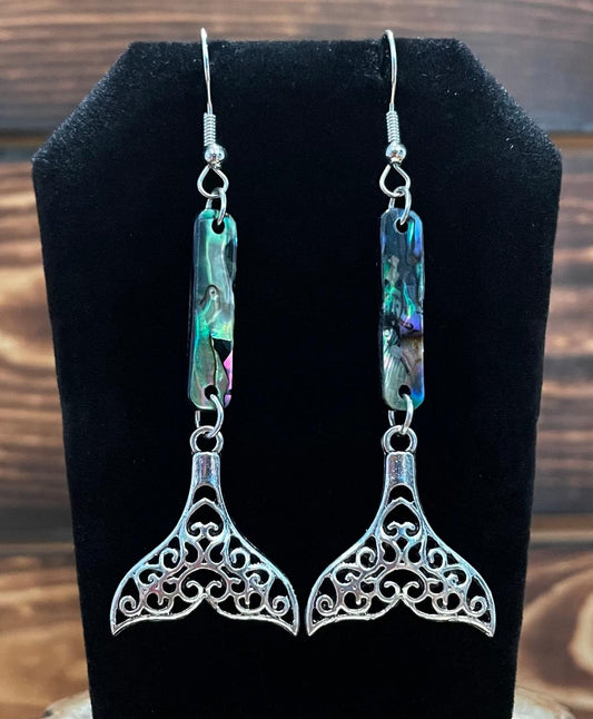 NEW Filigree Silver Tone Earrings Mermaid Fish Tail w/ Abalone Style Charm