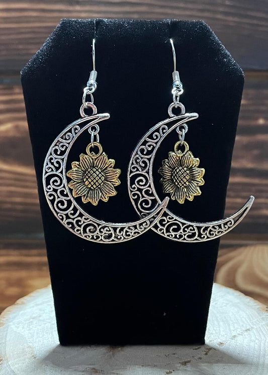 NEW Filigree Boho Chic Crescent Moon & Sunflower Earrings