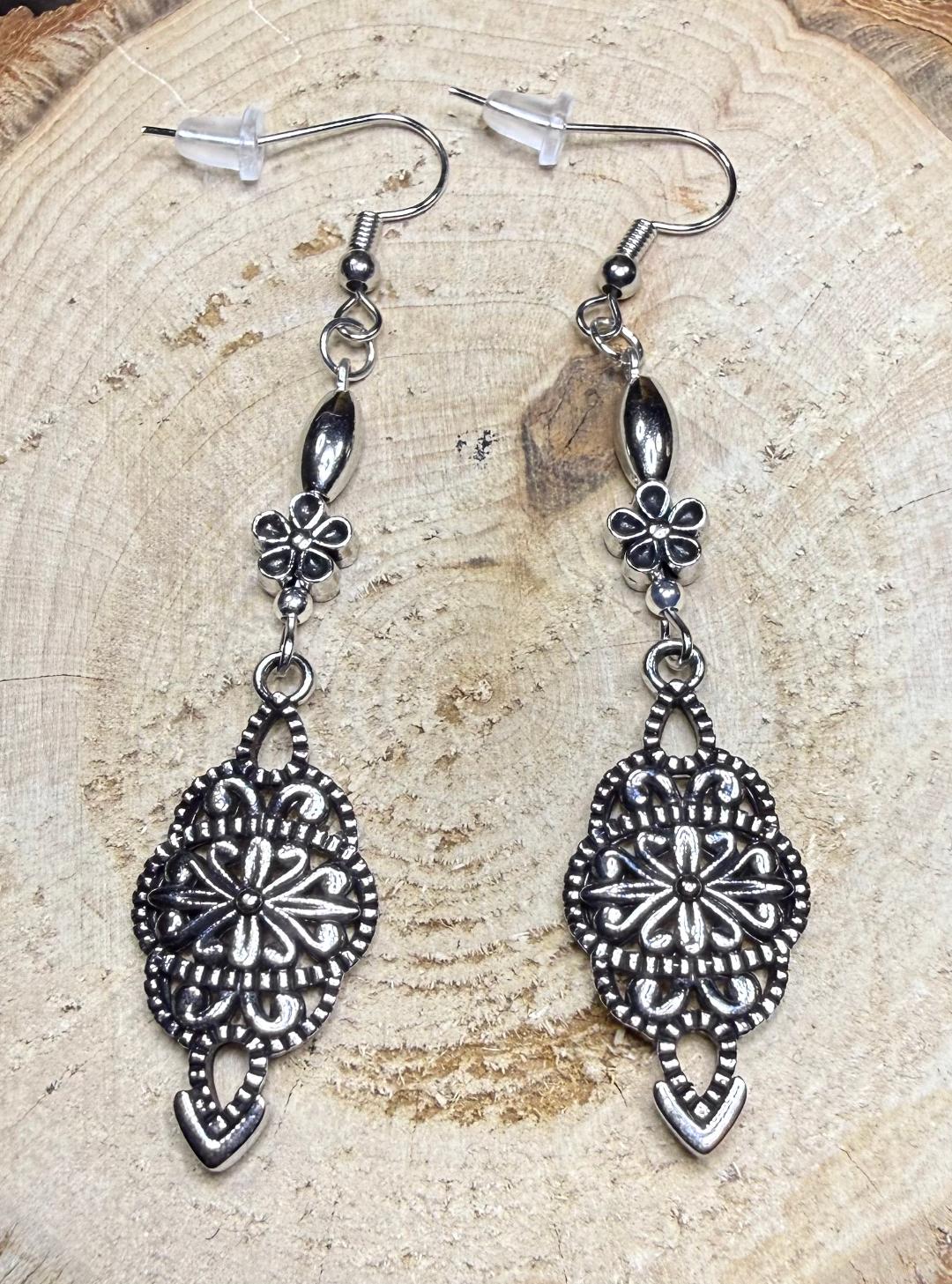 NEW Silver Filigree Charm Earrings w/ Flower & Oval Beads