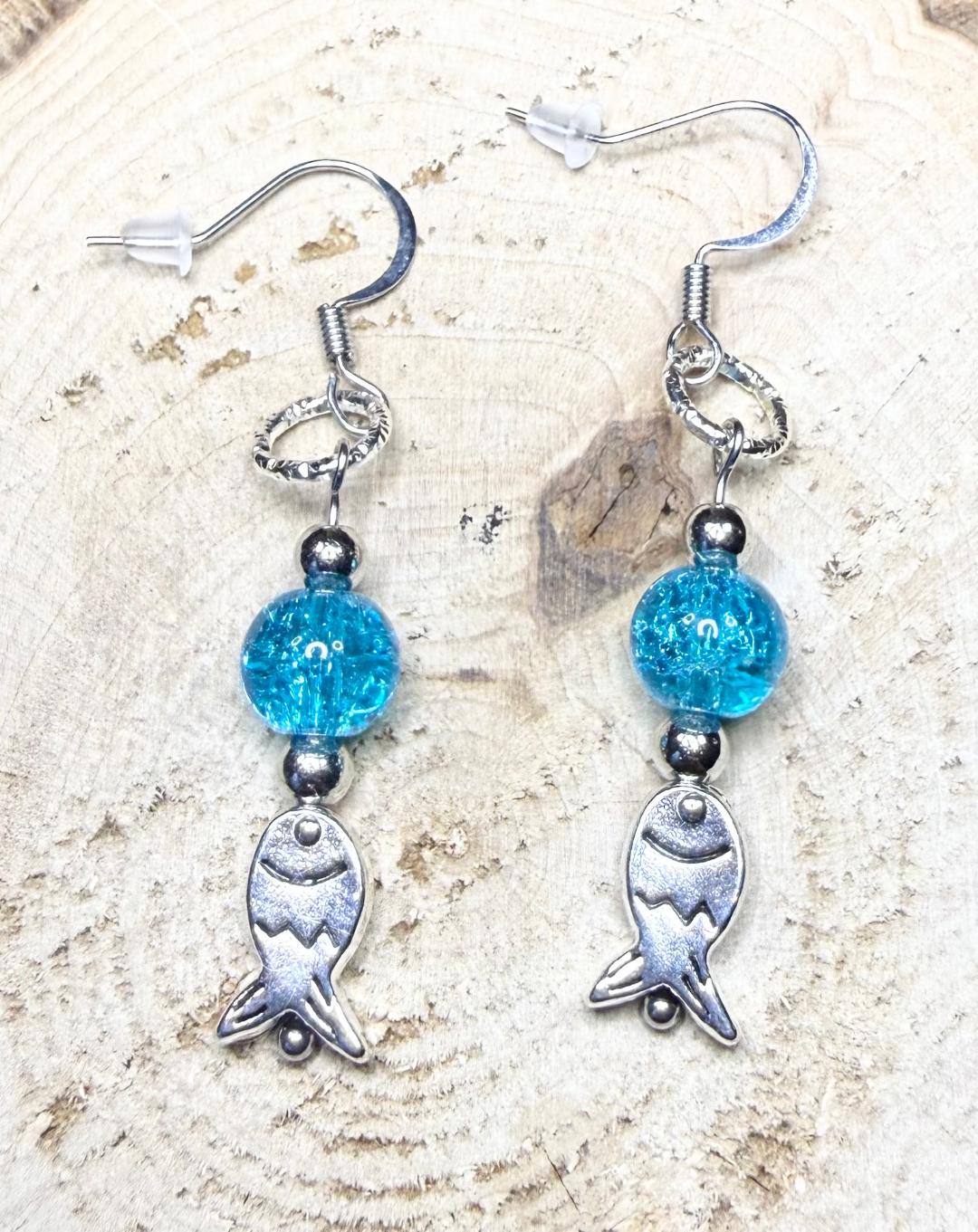 NEW Fish Charm Earrings w/ Water Blue Crackle Beads