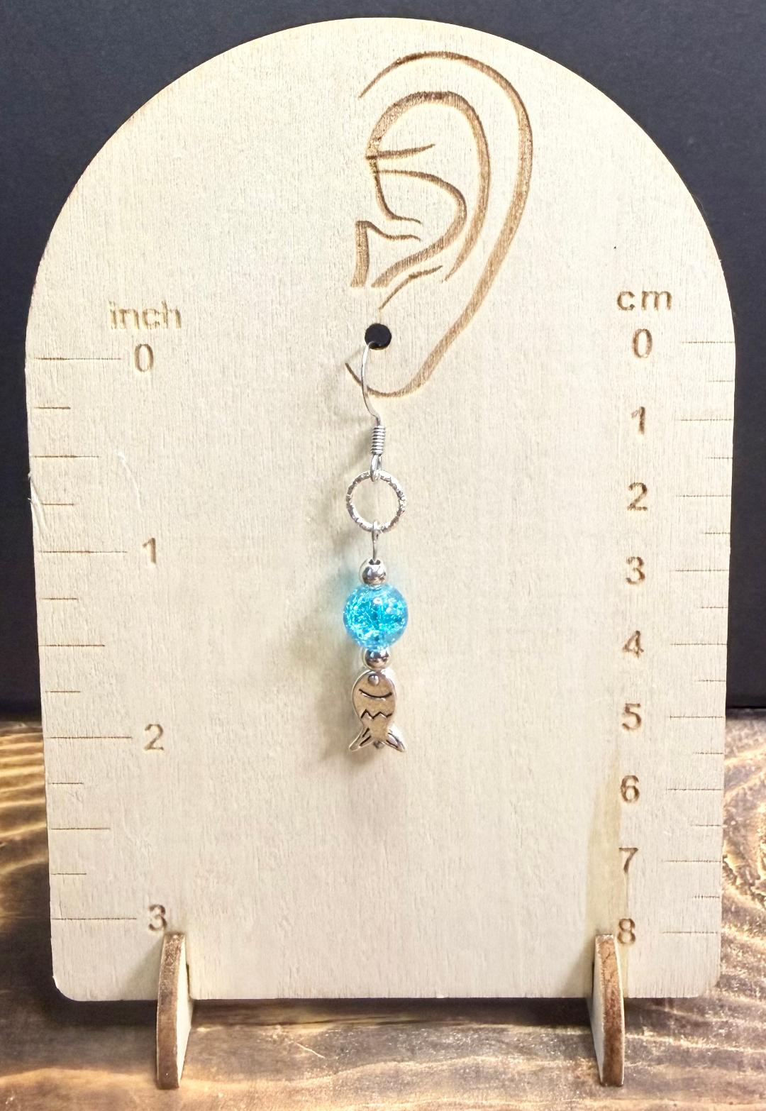 NEW Fish Charm Earrings w/ Water Blue Crackle Beads